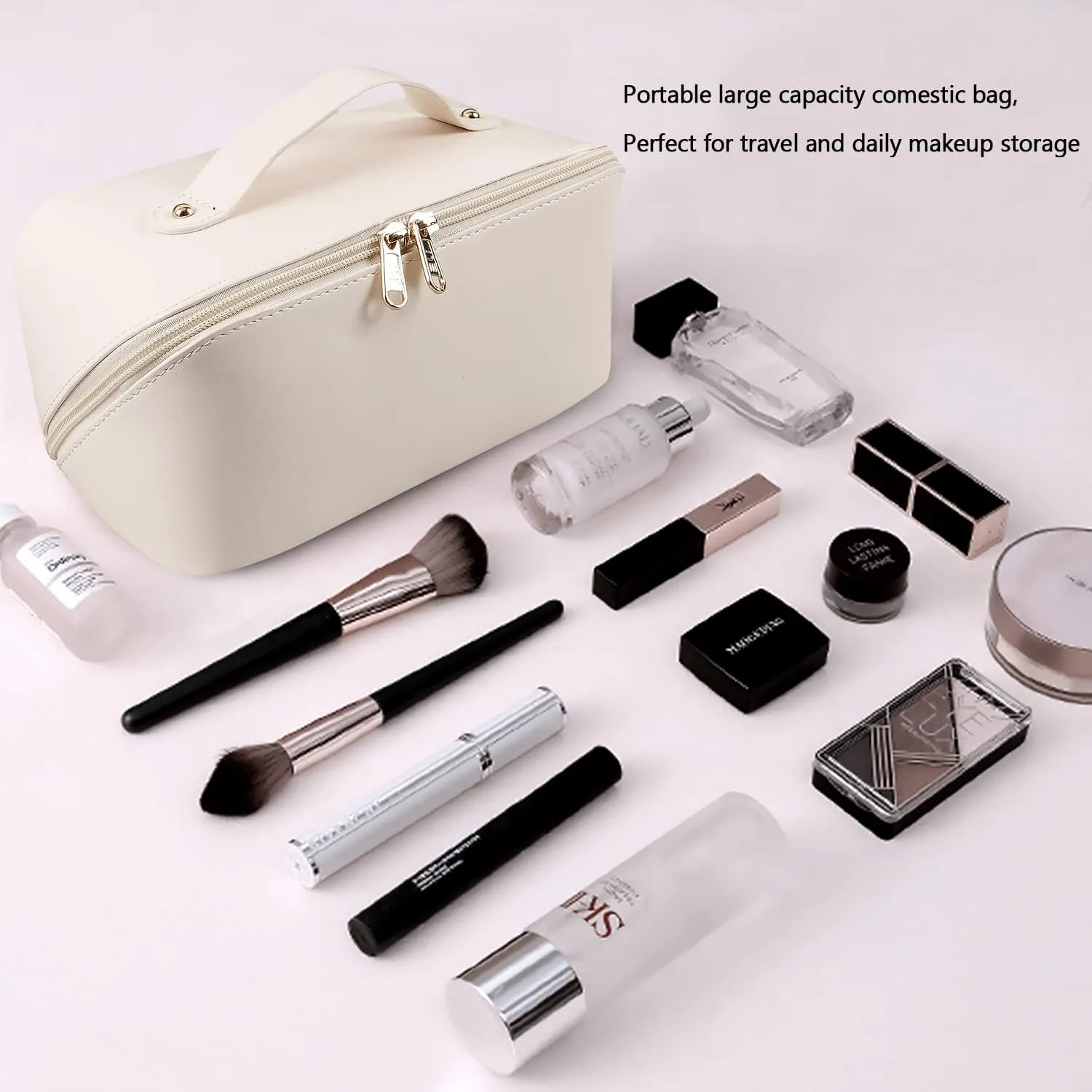 Large Capacity Cosmetic Bag, Travel Cosmetic Storage Bag with Handle, Portable Zipper Cosmetic Bag Toiletry Bag Makeup Bag Large with Compartments for Women Girls (White)