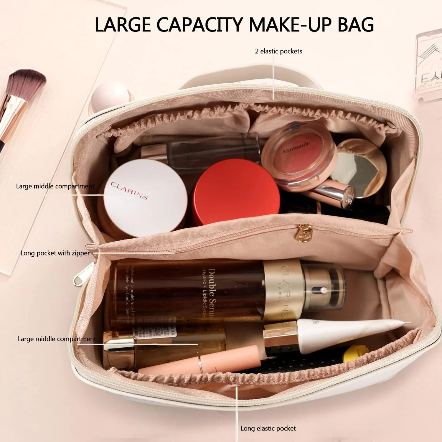 Large Capacity Cosmetic Bag, Travel Cosmetic Storage Bag with Handle, Portable Zipper Cosmetic Bag Toiletry Bag Makeup Bag Large with Compartments for Women Girls (White)