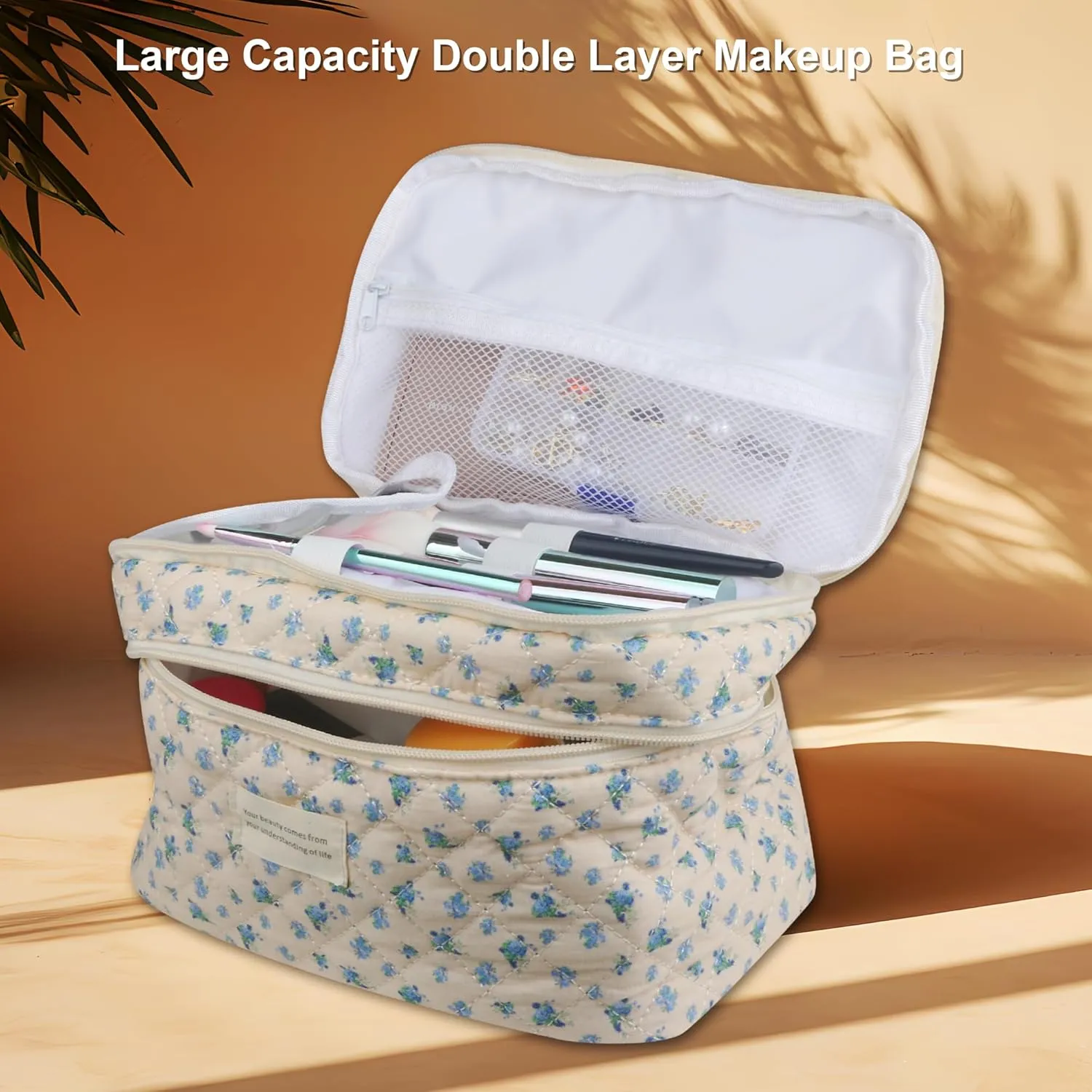 Large Capacity Dual Layer Cotton Makeup Cosmetic Bag (3PCS), Cute Quilted Travel Coquette Aesthetic Floral Make up Bag for Women Toiletry Bag(Blue Leaf)