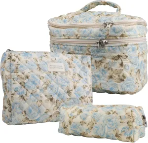 Large Capacity Dual Layer Cotton Makeup Cosmetic Bag (3PCS), Cute Quilted Travel Coquette Aesthetic Floral Make up Bag for Women Toiletry Bag(Blue Leaf)