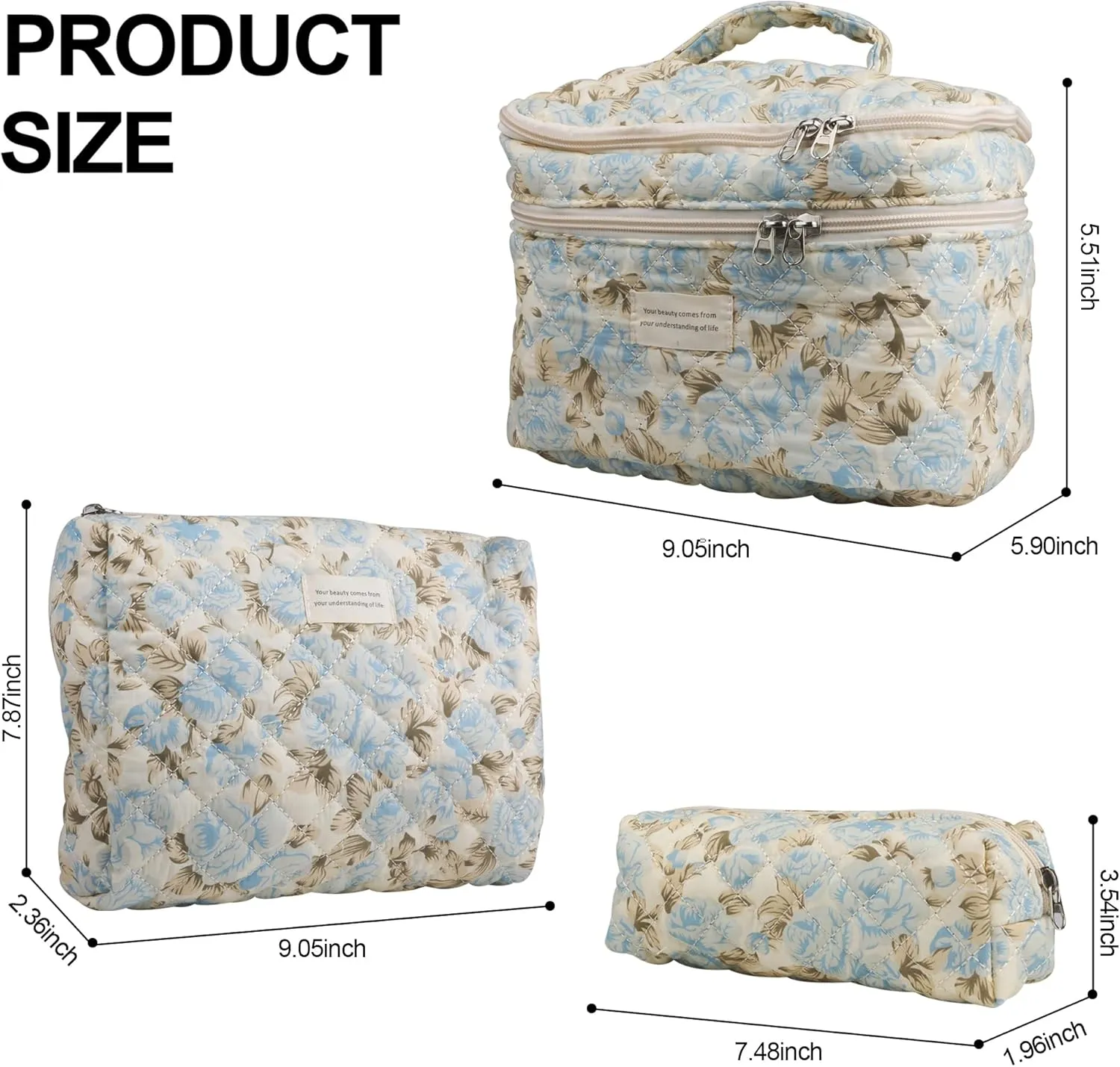Large Capacity Dual Layer Cotton Makeup Cosmetic Bag (3PCS), Cute Quilted Travel Coquette Aesthetic Floral Make up Bag for Women Toiletry Bag(Blue Leaf)