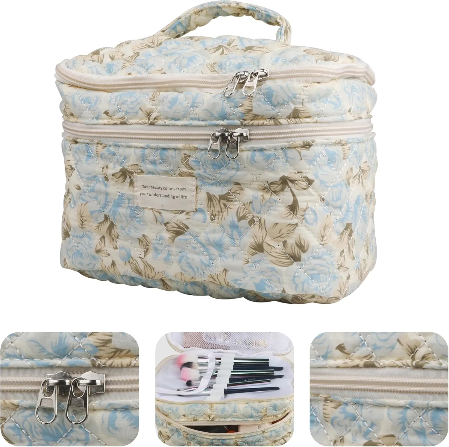 Large Capacity Dual Layer Cotton Makeup Cosmetic Bag (3PCS), Cute Quilted Travel Coquette Aesthetic Floral Make up Bag for Women Toiletry Bag(Blue Leaf)