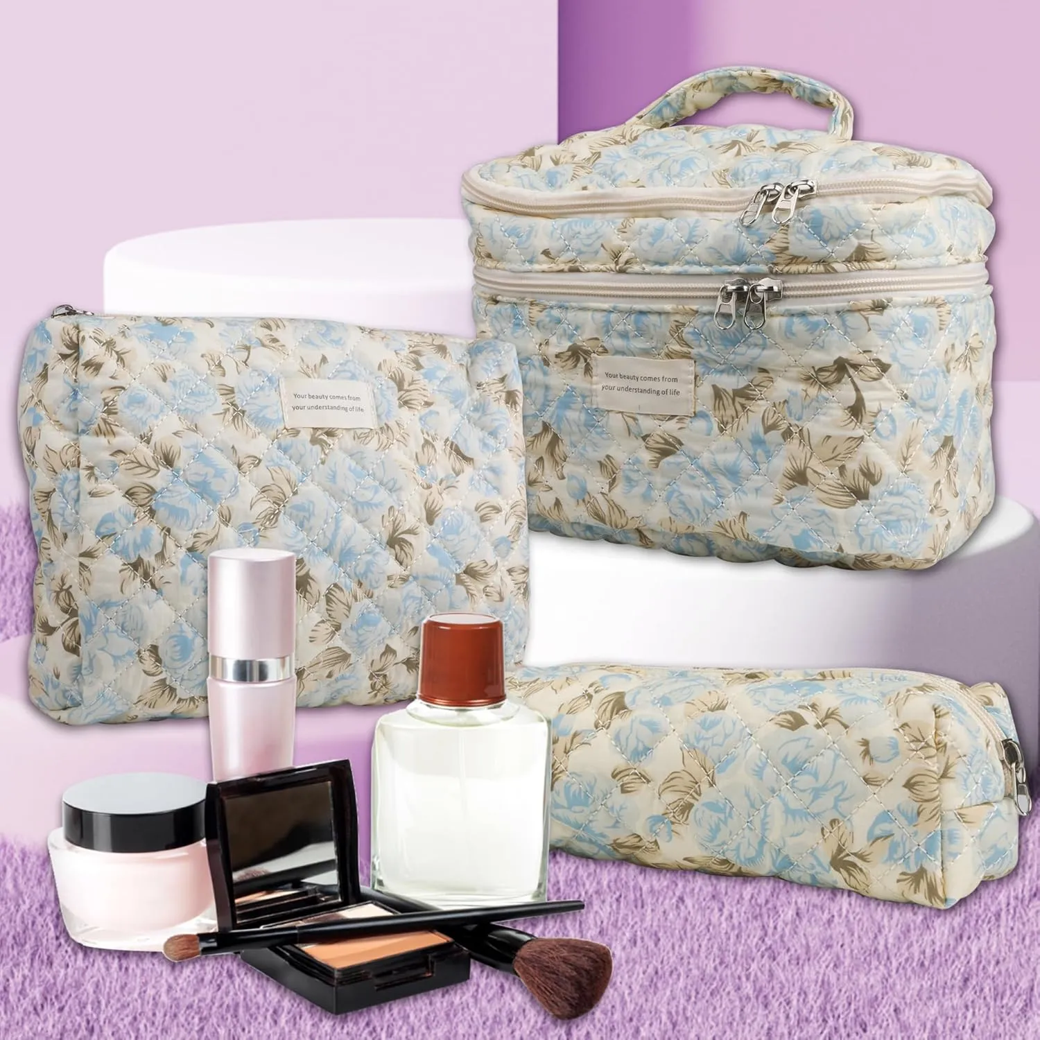 Large Capacity Dual Layer Cotton Makeup Cosmetic Bag (3PCS), Cute Quilted Travel Coquette Aesthetic Floral Make up Bag for Women Toiletry Bag(Blue Leaf)