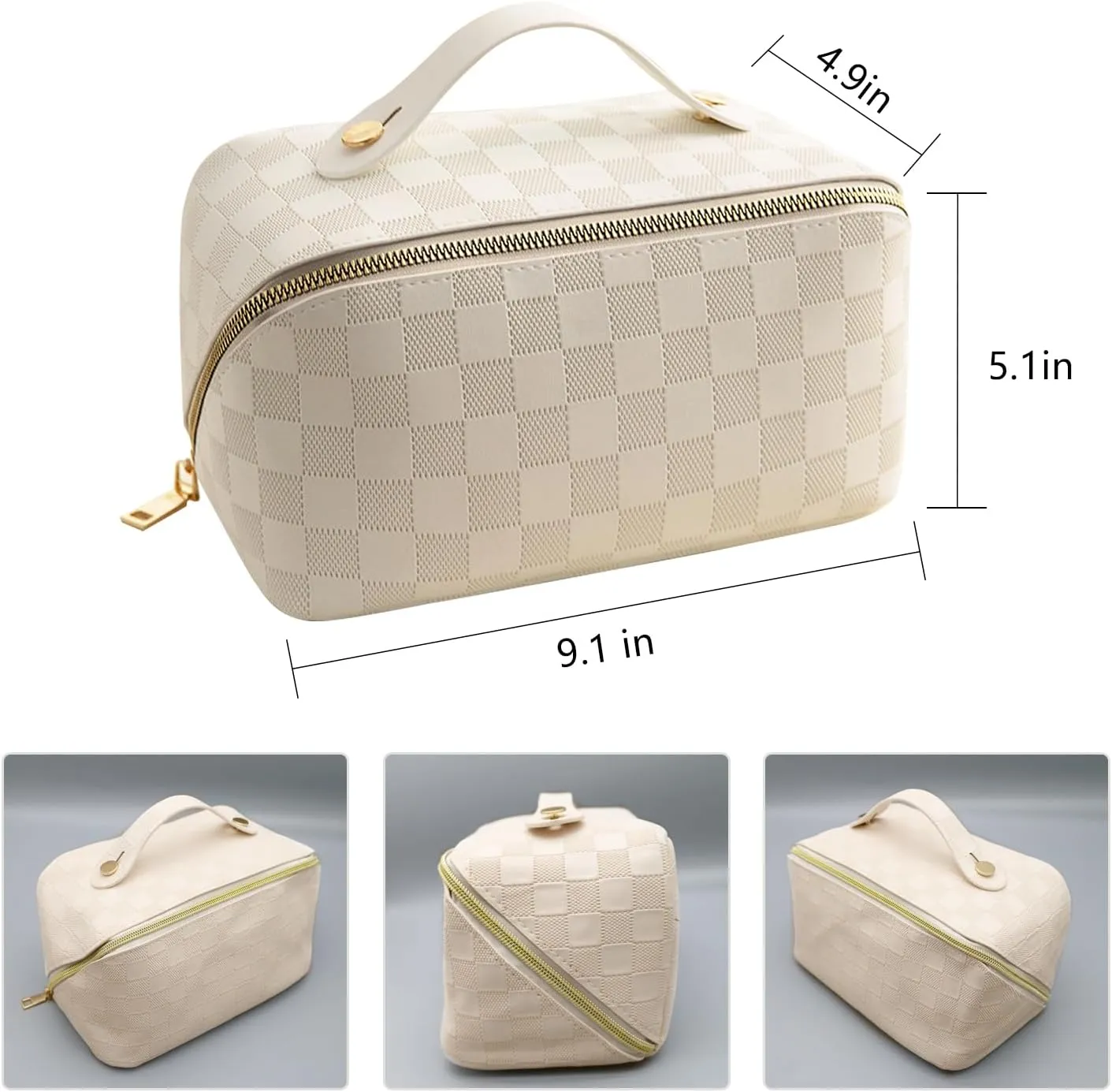 Large Capacity Makeup Bag, Travel Cosmetic Bag, PU Leather Makeup Pouches for Women, Waterproof Portable Large Wide-open Pouch with Divider and Handle for Travel Makeup Bag (White)