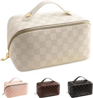 Large Capacity Makeup Bag, Travel Cosmetic Bag, PU Leather Makeup Pouches for Women, Waterproof Portable Large Wide-open Pouch with Divider and Handle for Travel Makeup Bag (White)
