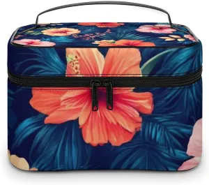 Large Capacity Makeup Organizer Bag, Portable Stylish Cosmetic Case with Zipper Pouch Tropical Hawaiian Colorful Hibiscus Flowers Toiletry Storage Bag Travel Accessories