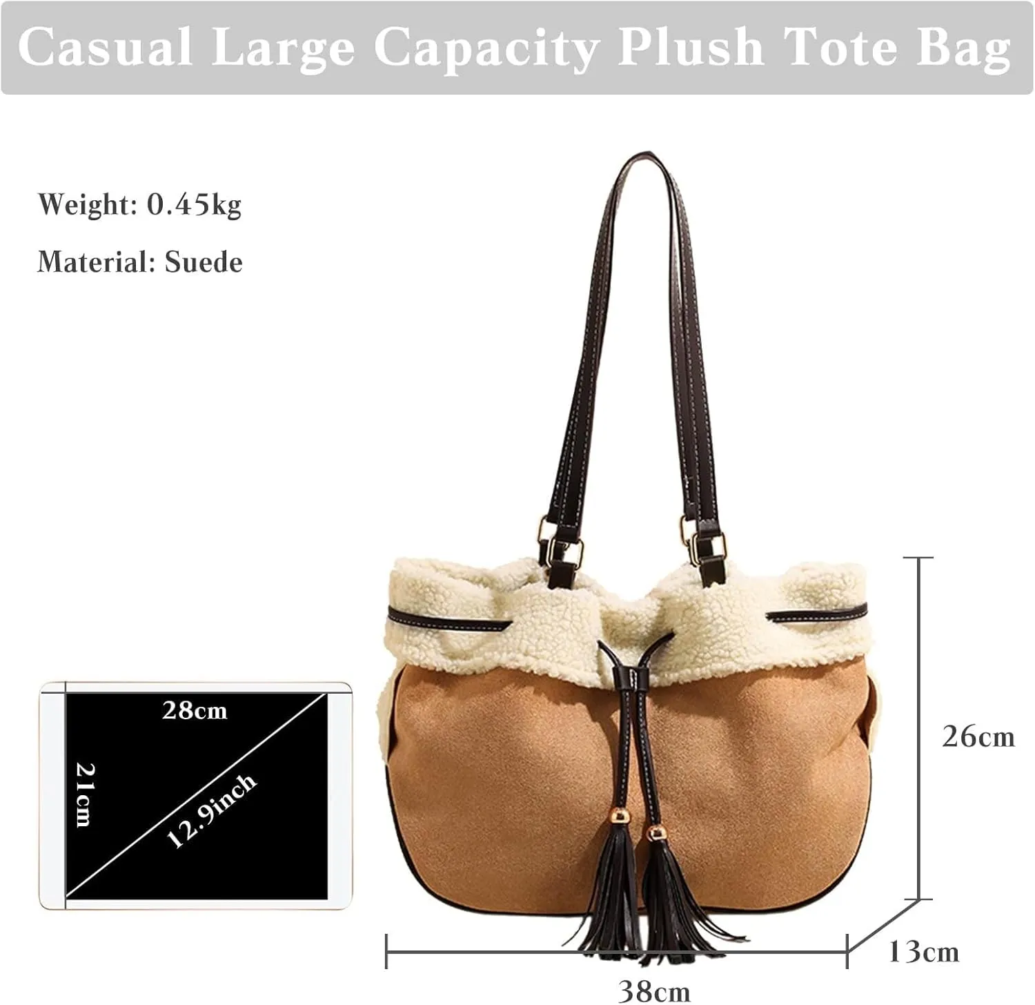 Large Capacity Tote Vintage Soft Plush Top Handle Drawstring Bucket Suede Shoulder for Women Handbag with Lamb Wool