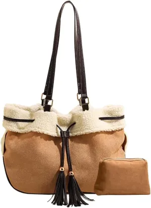 Large Capacity Tote Vintage Soft Plush Top Handle Drawstring Bucket Suede Shoulder for Women Handbag with Lamb Wool