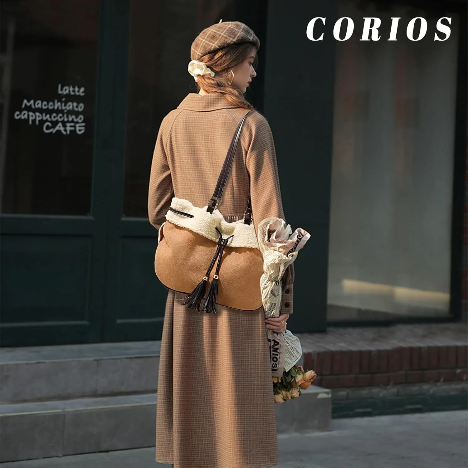 Large Capacity Tote Vintage Soft Plush Top Handle Drawstring Bucket Suede Shoulder for Women Handbag with Lamb Wool