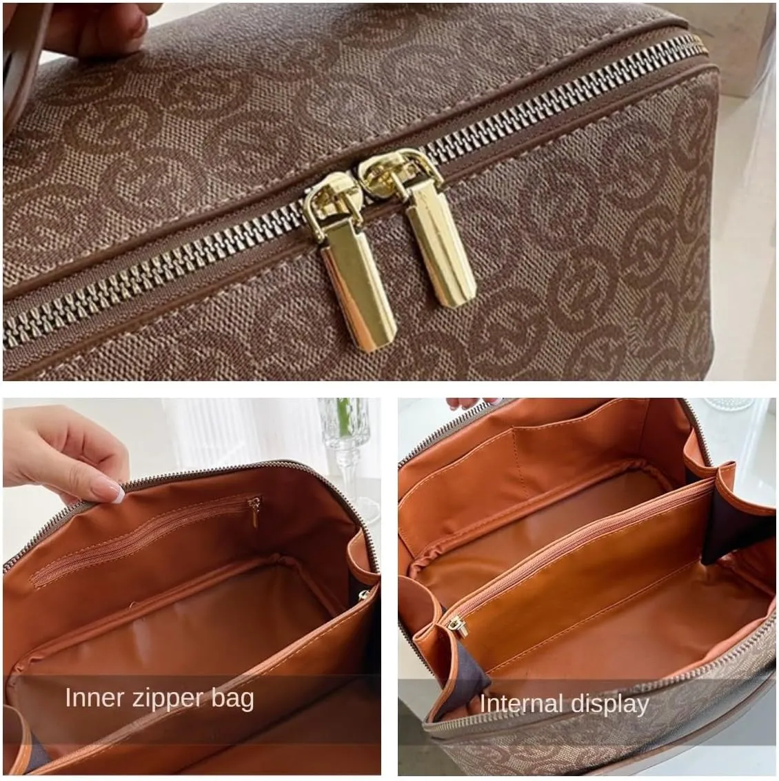Large Capacity Travel Cosmetic Bag for Women PU Leather Makeup Waterproof Multifunctional Toiletry Bag (Brown)