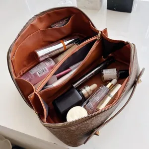 Large Capacity Travel Cosmetic Bag for Women PU Leather Makeup Waterproof Multifunctional Toiletry Bag (Brown)