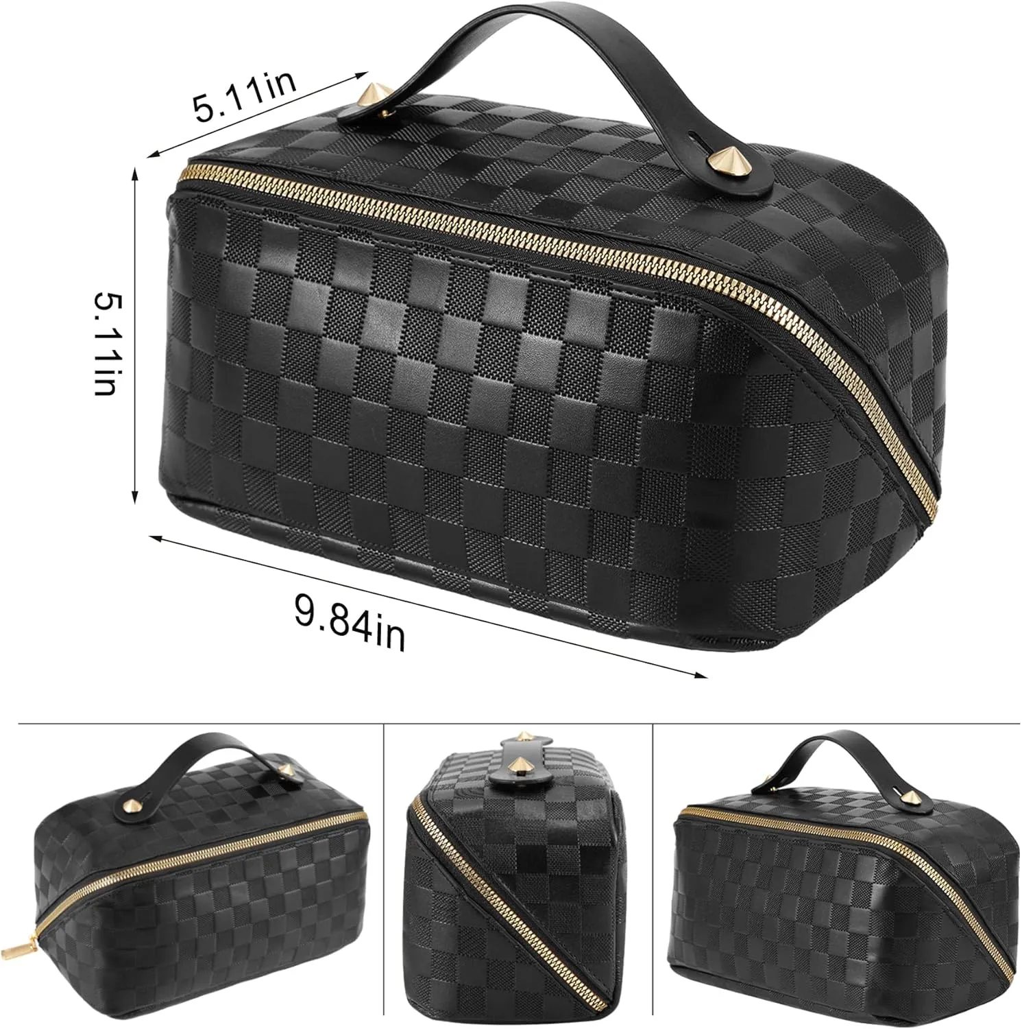 Large Capacity Travel Cosmetic Bag - Portable Makeup Bags for Women Waterproof PU Leather Checkered Makeup Organizer Bag with Dividers and Handle,Toiletry Bag for Cosmetics