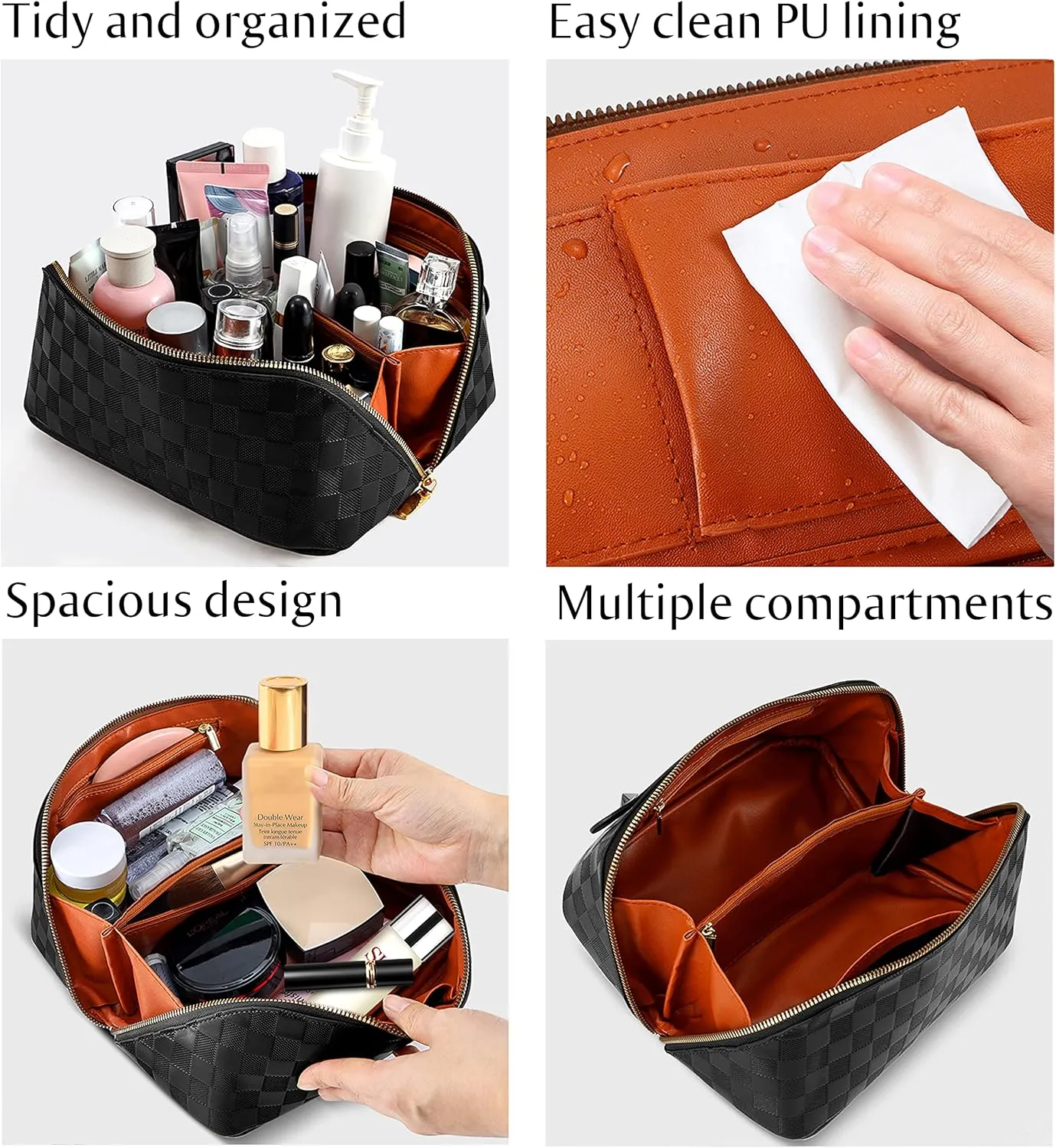 Large Capacity Travel Cosmetic Bag - Portable Makeup Bags for Women Waterproof PU Leather Checkered Makeup Organizer Bag with Dividers and Handle,Toiletry Bag for Cosmetics