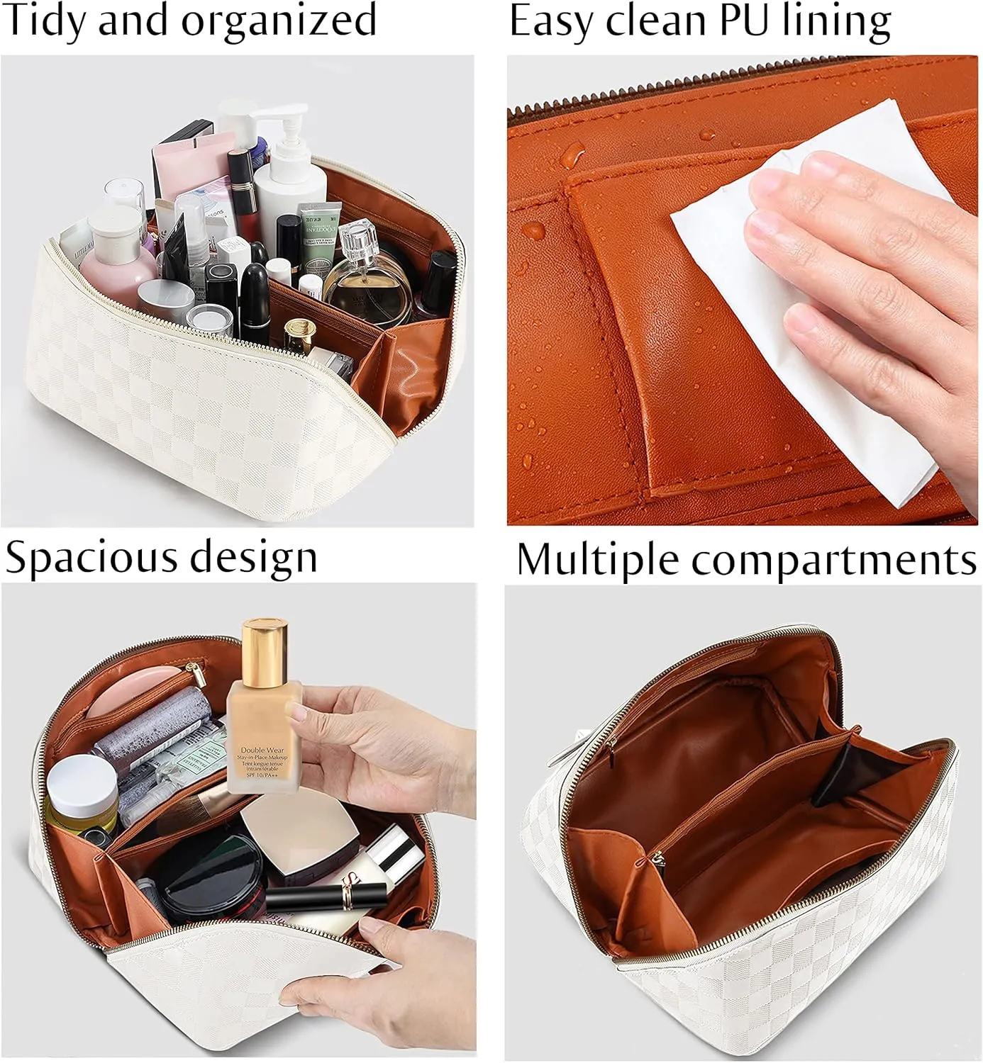 Large Capacity Travel Cosmetic Bag - Portable Makeup Bags for Women Waterproof PU Leather Checkered Makeup Organizer Bag with Dividers and Handle,Toiletry Bag for Cosmetics