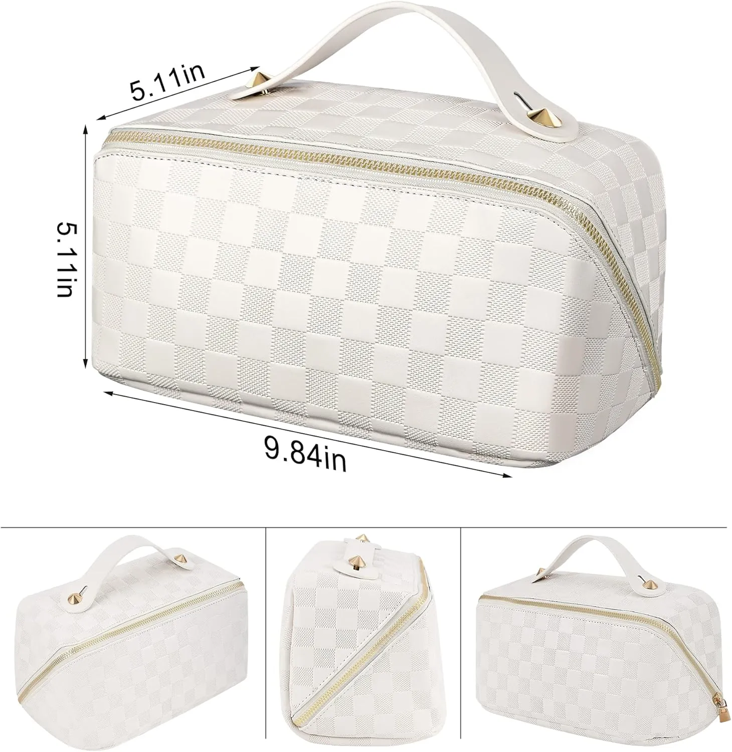 Large Capacity Travel Cosmetic Bag - Portable Makeup Bags for Women Waterproof PU Leather Checkered Makeup Organizer Bag with Dividers and Handle,Toiletry Bag for Cosmetics