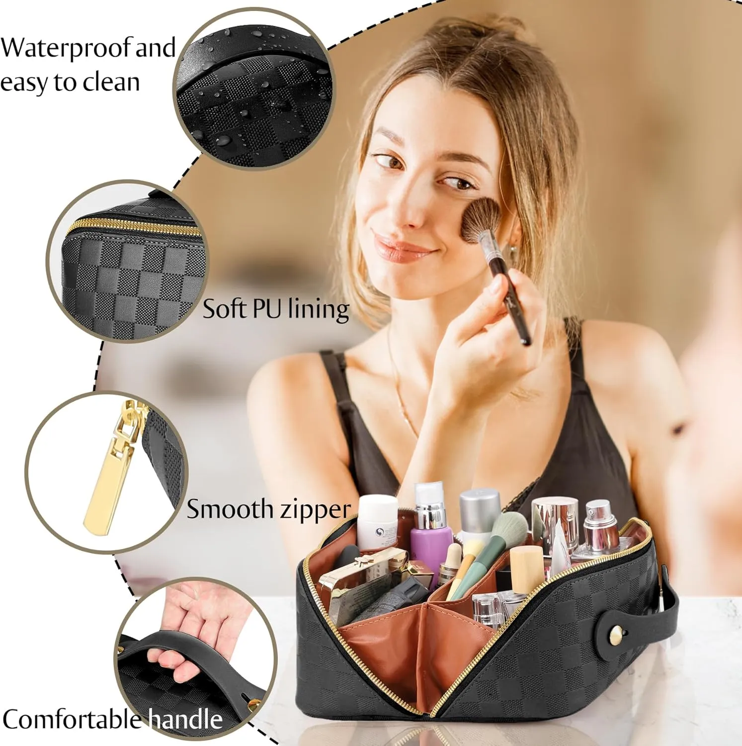 Large Capacity Travel Cosmetic Bag - Portable Makeup Bags for Women Waterproof PU Leather Checkered Makeup Organizer Bag with Dividers and Handle,Toiletry Bag for Cosmetics