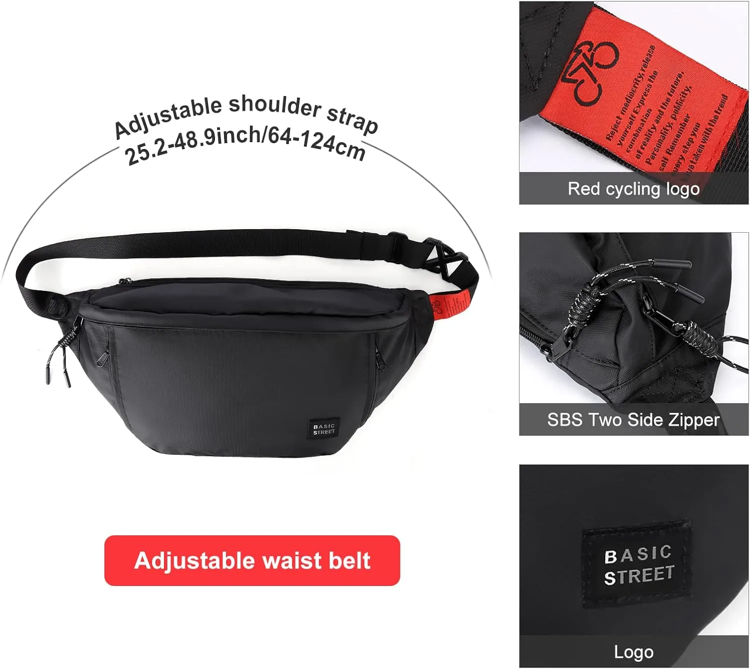Large Crossbody Fanny Pack for Women Men,Waterproof Waist Bag Pack with Adjustable Strap & 5-Zipper Pockets,Black