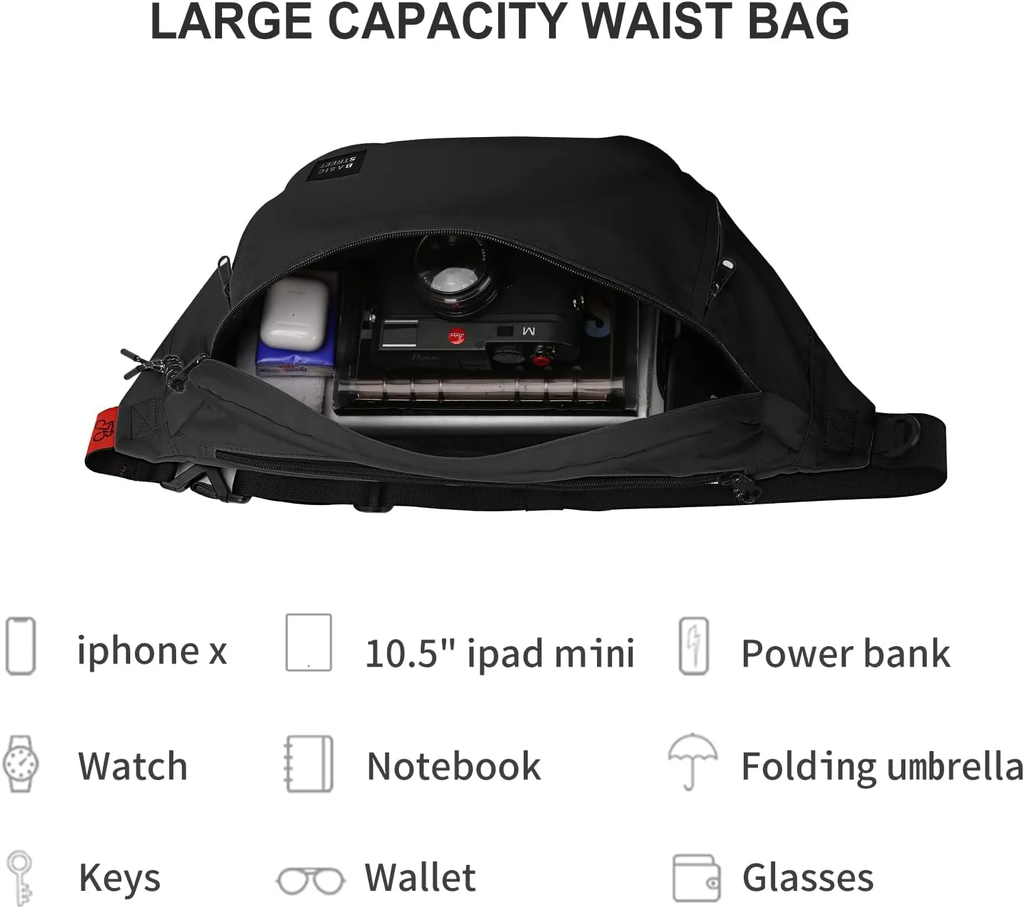 Large Crossbody Fanny Pack for Women Men,Waterproof Waist Bag Pack with Adjustable Strap & 5-Zipper Pockets,Black
