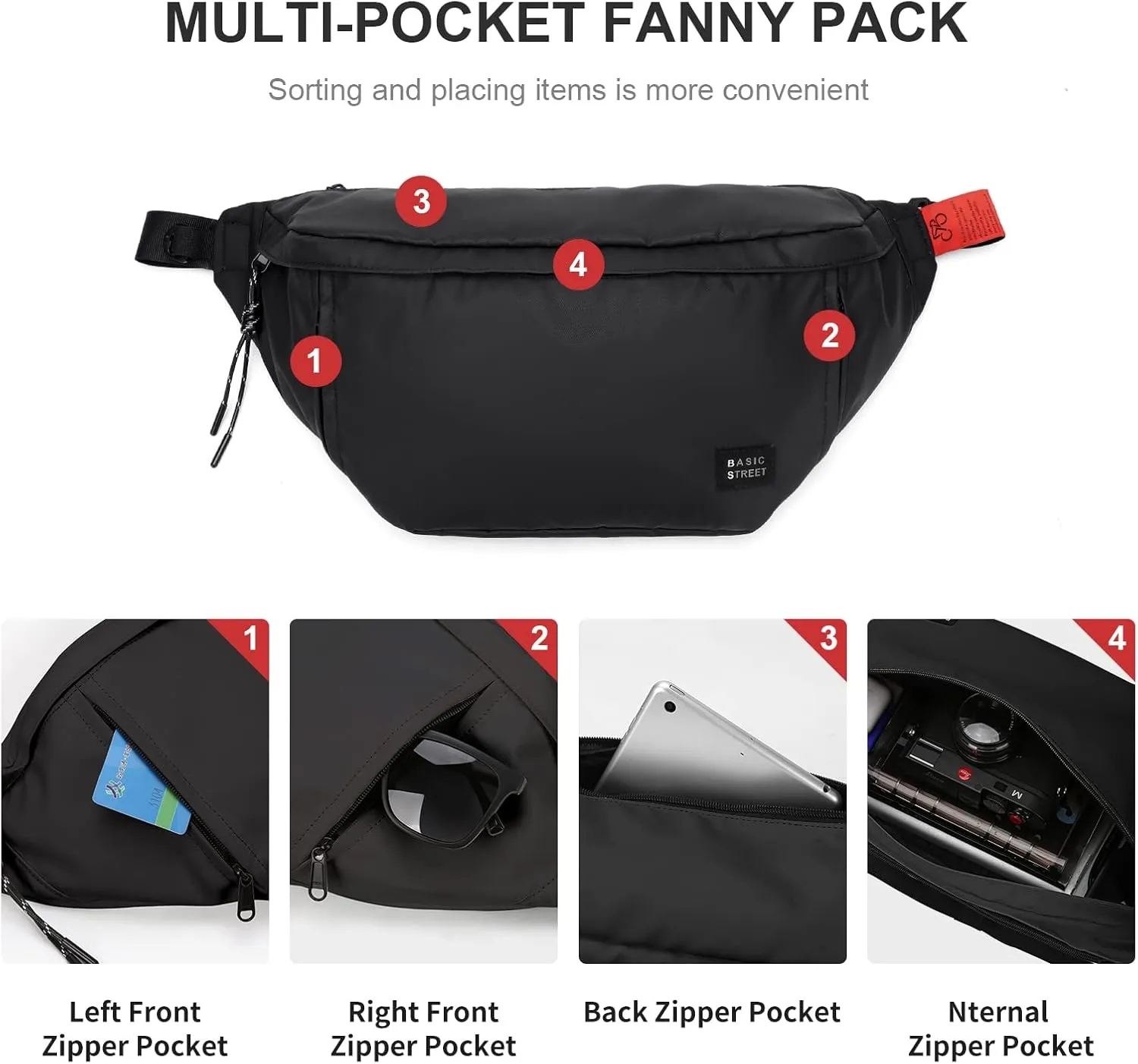 Large Crossbody Fanny Pack for Women Men,Waterproof Waist Bag Pack with Adjustable Strap & 5-Zipper Pockets,Black