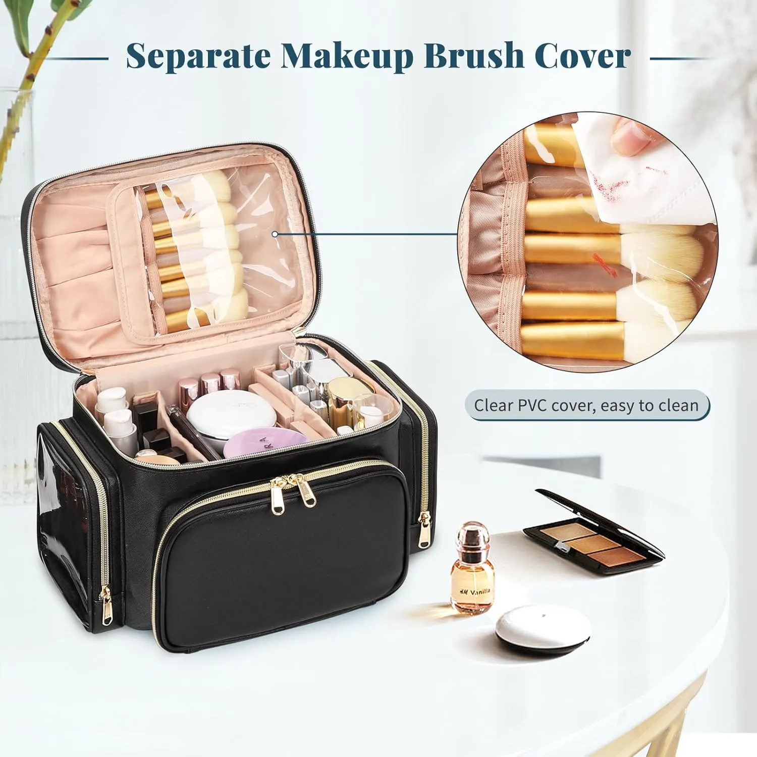 Large Makeup Bag, Portable Travel Makeup Bag Organizer for Women Girls with Makeup Brush Compartment & Two Side Pockets, Cosmetic Travel Bag Vertical Storage Toiletry Bag - Black