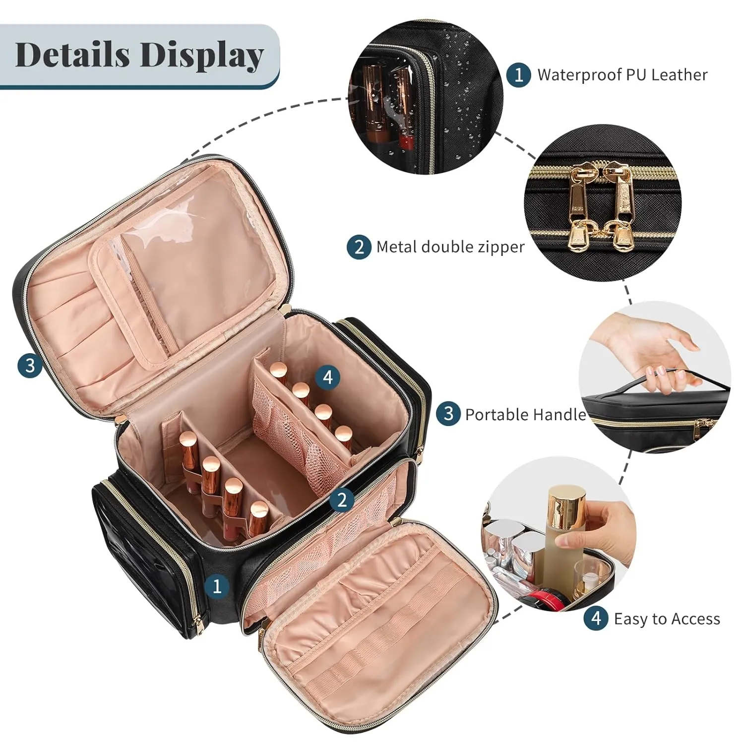 Large Makeup Bag, Portable Travel Makeup Bag Organizer for Women Girls with Makeup Brush Compartment & Two Side Pockets, Cosmetic Travel Bag Vertical Storage Toiletry Bag - Black