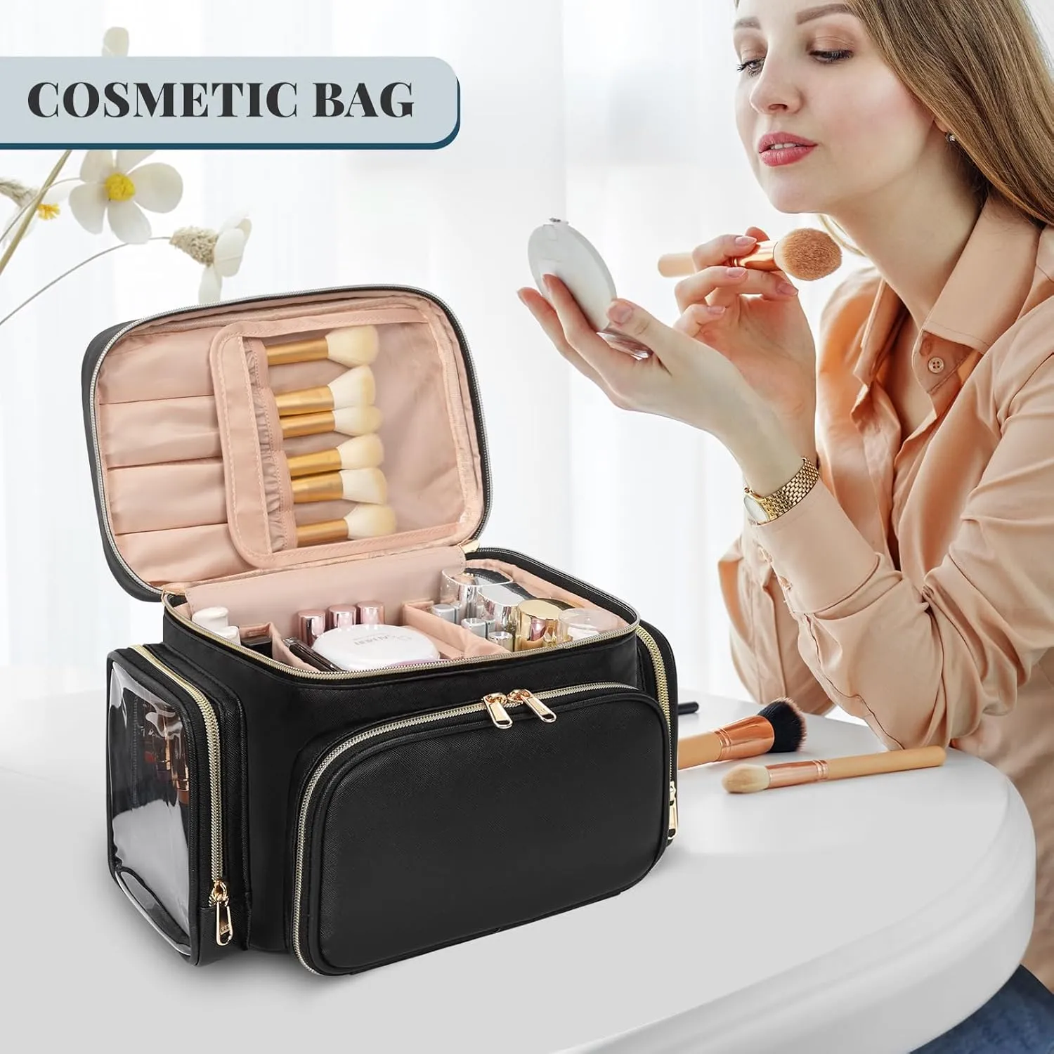 Large Makeup Bag, Portable Travel Makeup Bag Organizer for Women Girls with Makeup Brush Compartment & Two Side Pockets, Cosmetic Travel Bag Vertical Storage Toiletry Bag - Black
