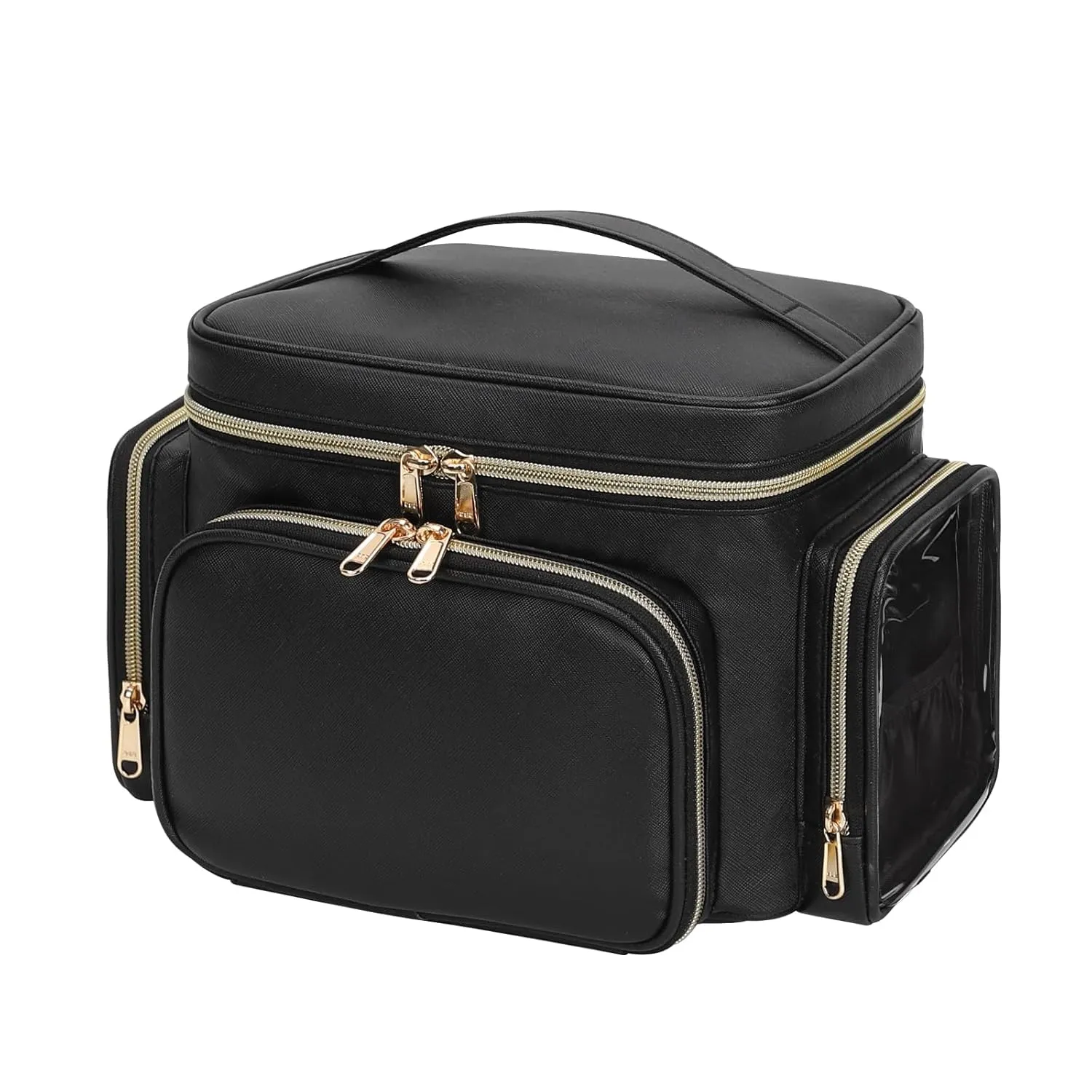 Large Makeup Bag, Portable Travel Makeup Bag Organizer for Women Girls with Makeup Brush Compartment & Two Side Pockets, Cosmetic Travel Bag Vertical Storage Toiletry Bag - Black