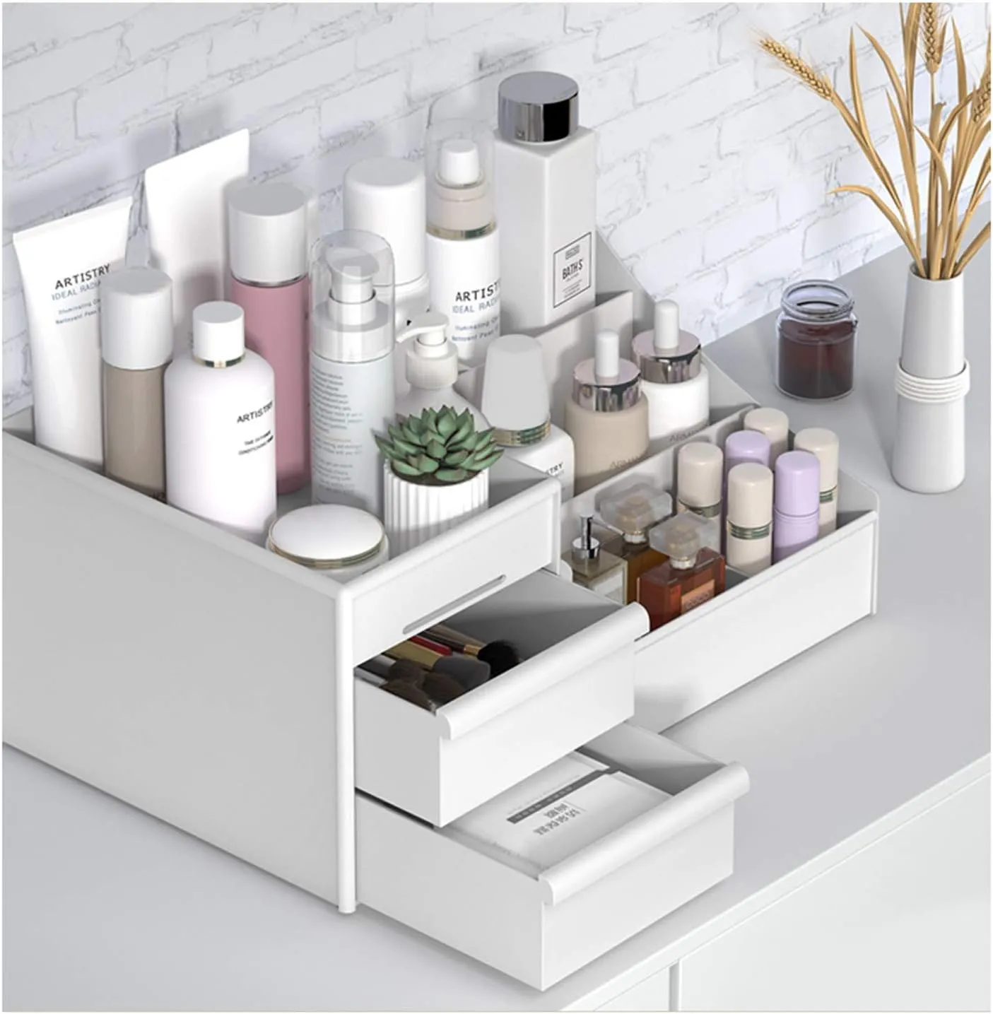 Large Makeup Capacity Cosmetic Storage Box Skin Care Organizer Jewelry,Makeup, Brushes, Lipsticks, Nail Polish Container,Desktop Dresser Sundries Storage Box (White)
