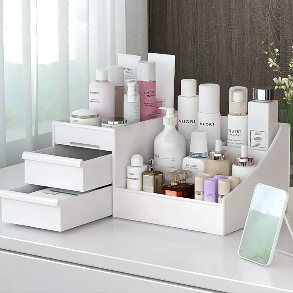 Large Makeup Capacity Cosmetic Storage Box Skin Care Organizer Jewelry,Makeup, Brushes, Lipsticks, Nail Polish Container,Desktop Dresser Sundries Storage Box (White)