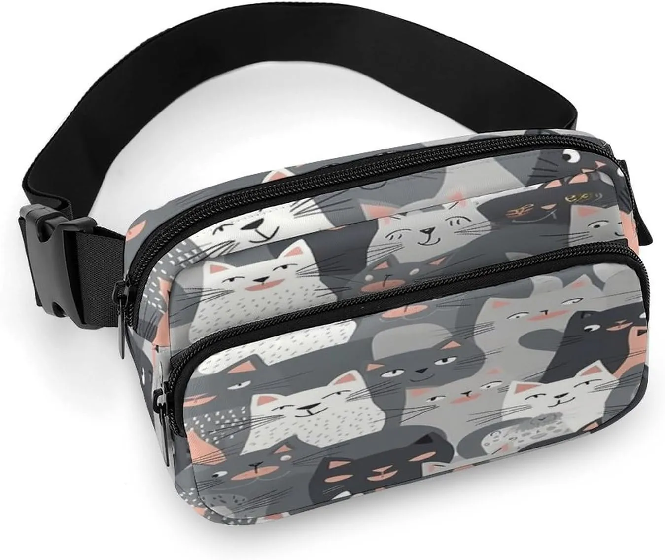 Large Waist Packs with Adjustable Strap,Cute Funny Grey Cats Pattern CrossBody Fanny Pack Casual Bag for Travel Sports Running Hiking