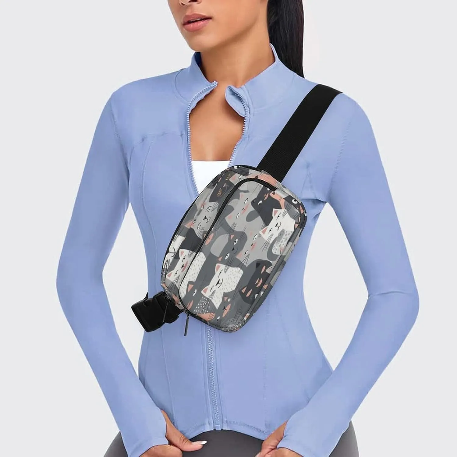Large Waist Packs with Adjustable Strap,Cute Funny Grey Cats Pattern CrossBody Fanny Pack Casual Bag for Travel Sports Running Hiking