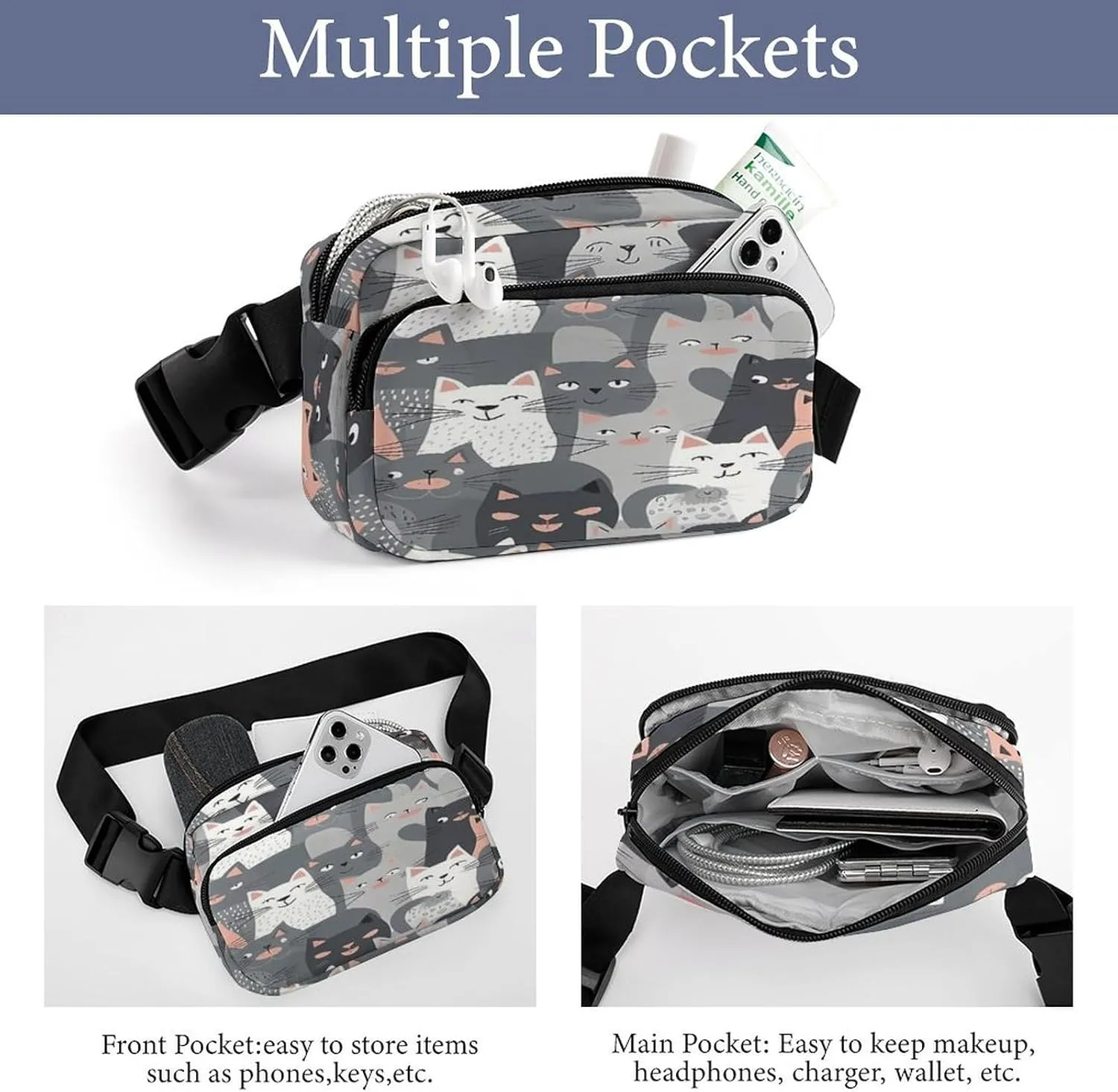 Large Waist Packs with Adjustable Strap,Cute Funny Grey Cats Pattern CrossBody Fanny Pack Casual Bag for Travel Sports Running Hiking