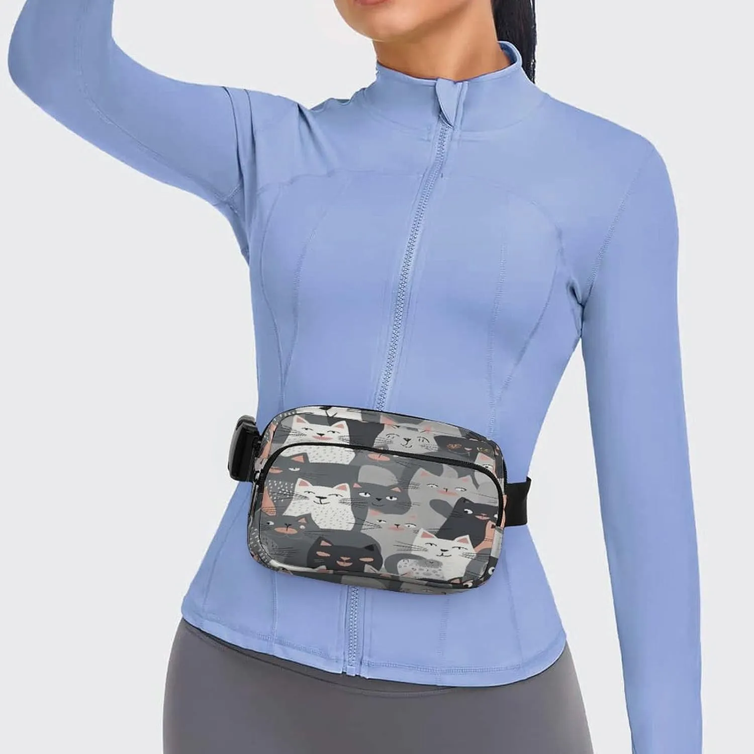 Large Waist Packs with Adjustable Strap,Cute Funny Grey Cats Pattern CrossBody Fanny Pack Casual Bag for Travel Sports Running Hiking
