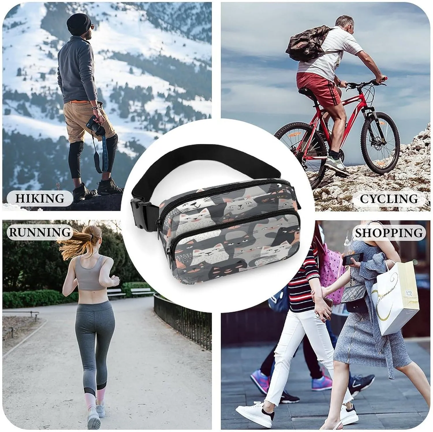 Large Waist Packs with Adjustable Strap,Cute Funny Grey Cats Pattern CrossBody Fanny Pack Casual Bag for Travel Sports Running Hiking