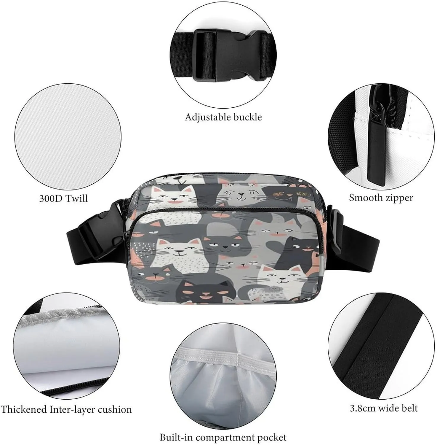 Large Waist Packs with Adjustable Strap,Cute Funny Grey Cats Pattern CrossBody Fanny Pack Casual Bag for Travel Sports Running Hiking