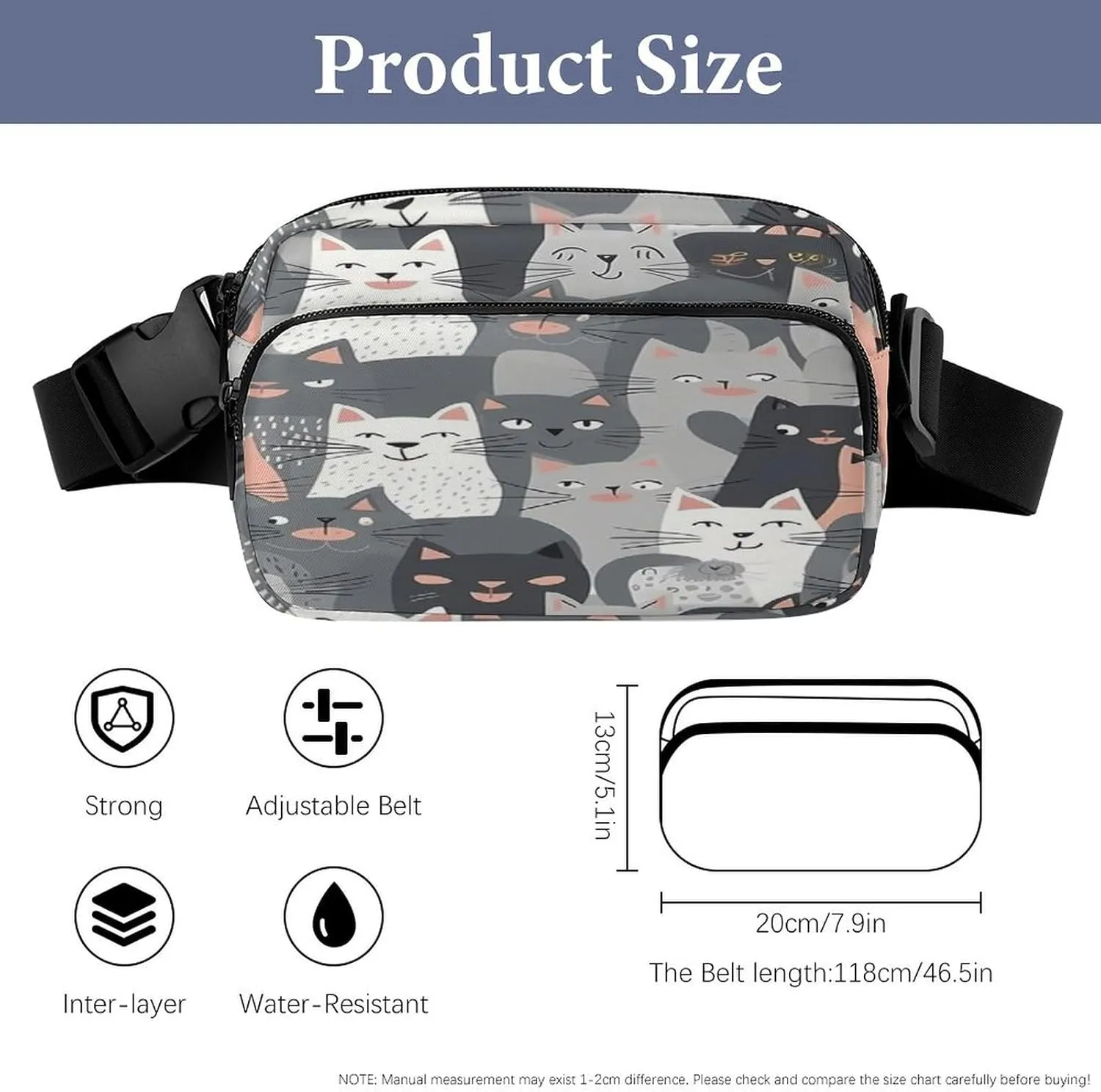 Large Waist Packs with Adjustable Strap,Cute Funny Grey Cats Pattern CrossBody Fanny Pack Casual Bag for Travel Sports Running Hiking
