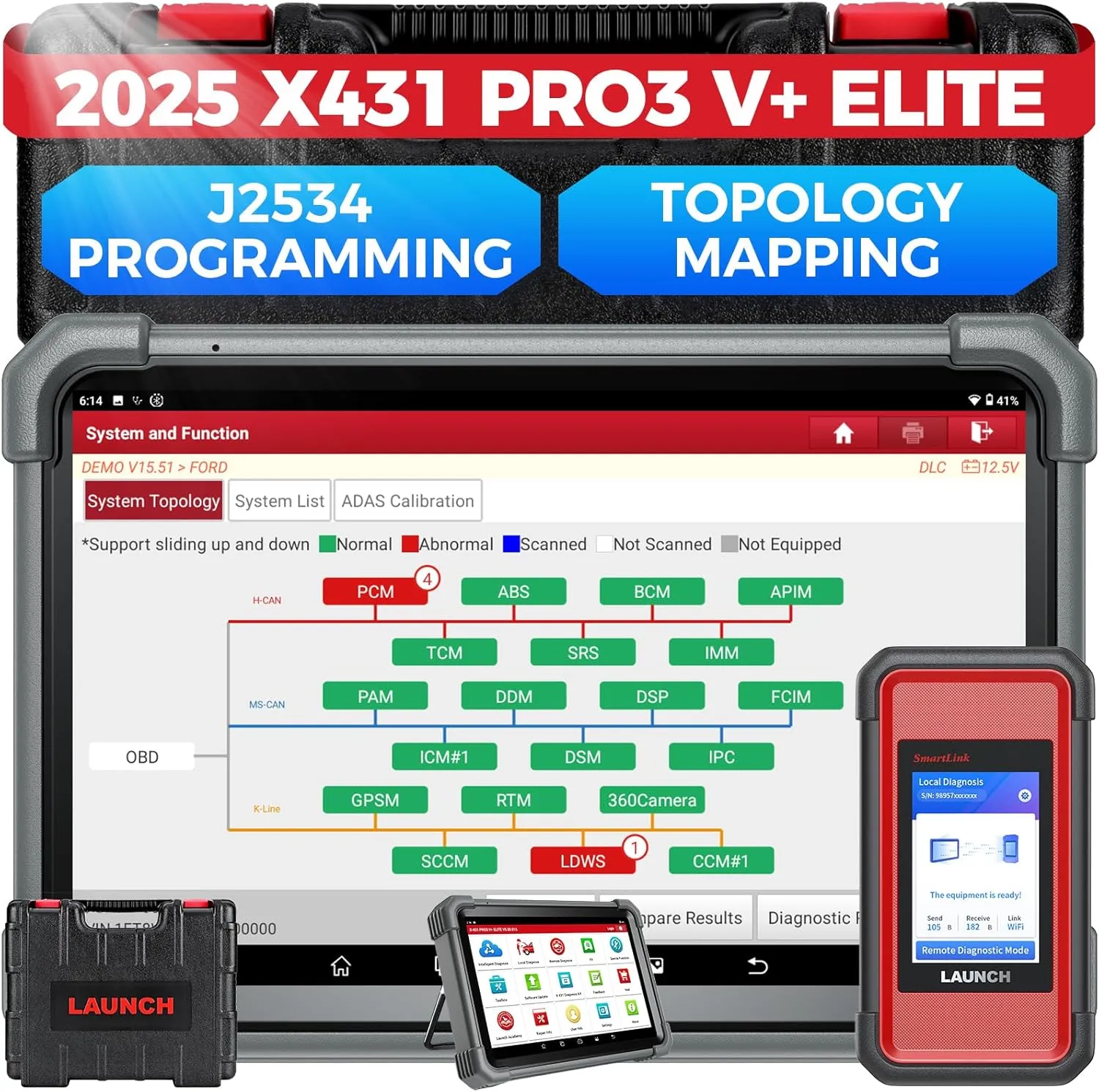 LAUNCH X431 PRO3 V  Elite, 2025 SmartlinkC 2.0 Bidirectional Scan Tool with J2534, HD Trucks Scan, 10.1 inch, Topology Map, 60 Service, Online Coding Scanner, CANFD/DoIP/D-PDU, FCA, 2 Yrs Update