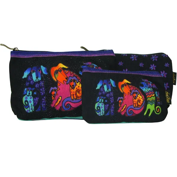 Laurel Burch Dog & Doggies Set of 3 Multi-Color Cotton Cosmetic Bag Pouches