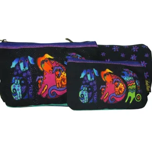 Laurel Burch Dog & Doggies Set of 3 Multi-Color Cotton Cosmetic Bag Pouches