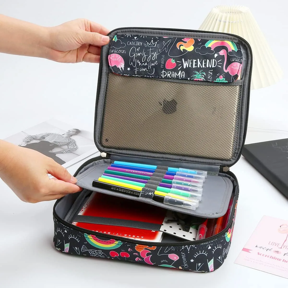 Lbxgap Multi-Functional Stationery Zipper Pencil ipad case with Handle and Zippered Pocket, Carrying Protective Bag with Bookmark and Book Fixing Straps for Travel