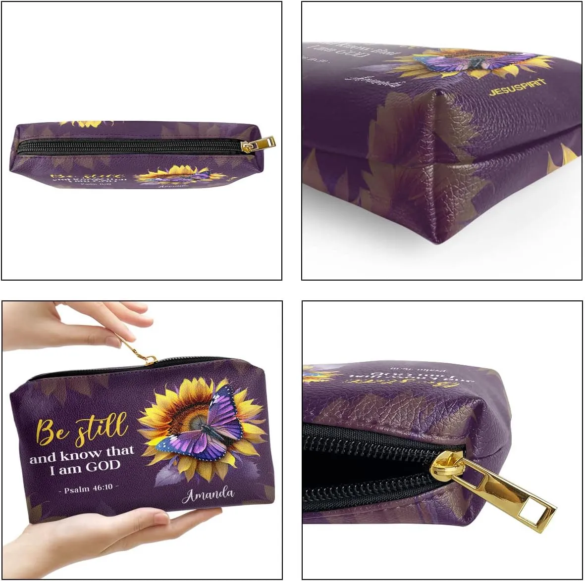 Leather Cosmetic Pouch For Women - Personalized Christian Makeup Bag - Sunflower Purple Pouch Gifts For Mother, Grandma, Sister - Inspirational Bible Accessories With Bible Scripture