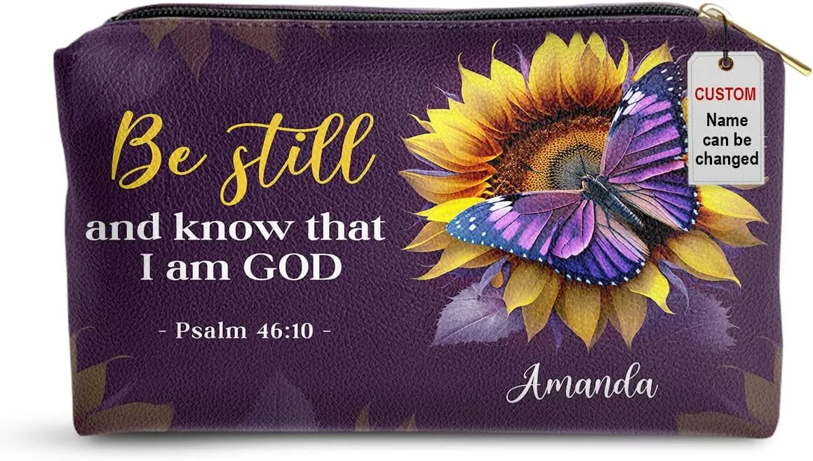 Leather Cosmetic Pouch For Women - Personalized Christian Makeup Bag - Sunflower Purple Pouch Gifts For Mother, Grandma, Sister - Inspirational Bible Accessories With Bible Scripture