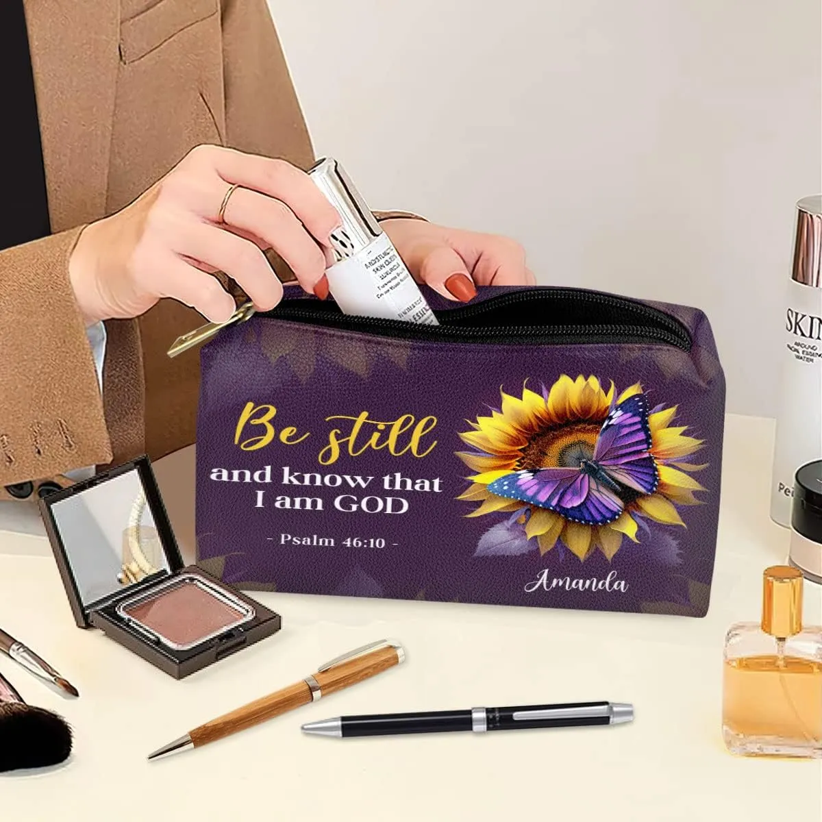 Leather Cosmetic Pouch For Women - Personalized Christian Makeup Bag - Sunflower Purple Pouch Gifts For Mother, Grandma, Sister - Inspirational Bible Accessories With Bible Scripture