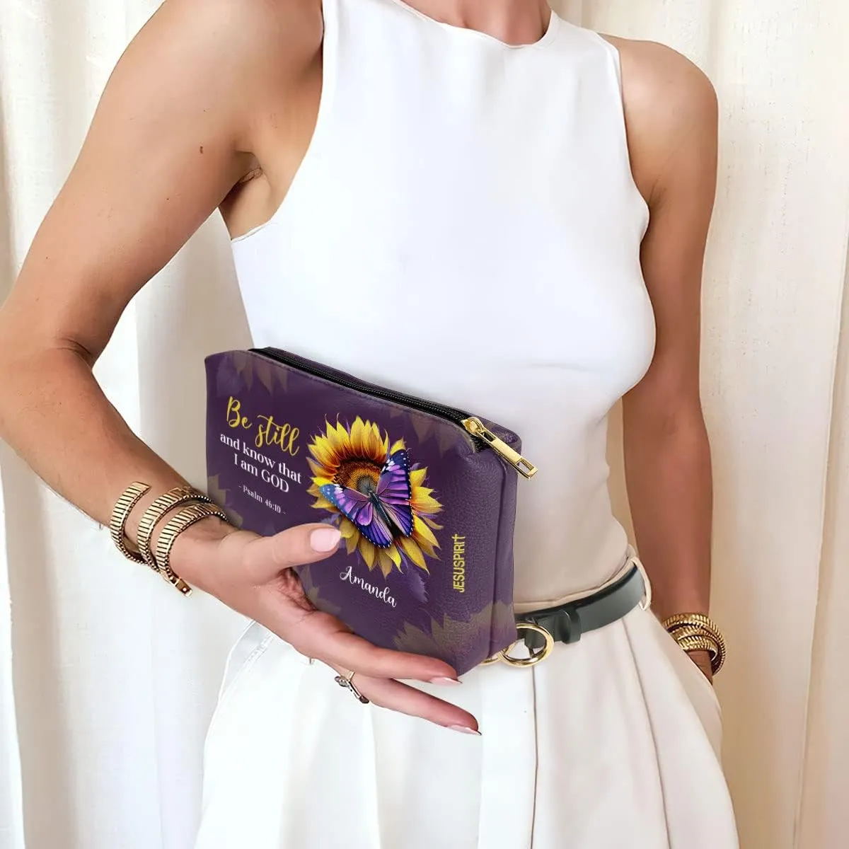 Leather Cosmetic Pouch For Women - Personalized Christian Makeup Bag - Sunflower Purple Pouch Gifts For Mother, Grandma, Sister - Inspirational Bible Accessories With Bible Scripture