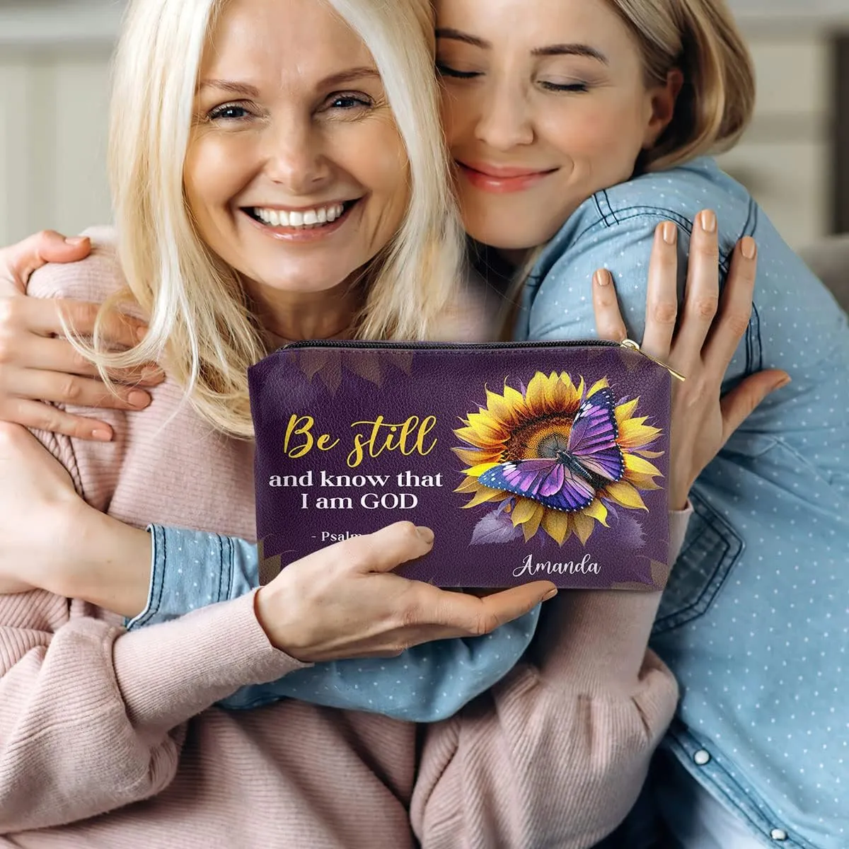 Leather Cosmetic Pouch For Women - Personalized Christian Makeup Bag - Sunflower Purple Pouch Gifts For Mother, Grandma, Sister - Inspirational Bible Accessories With Bible Scripture