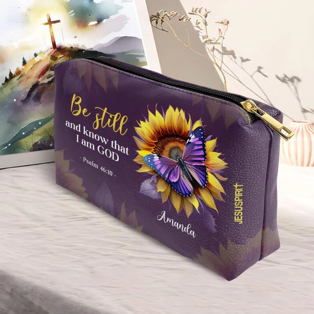 Leather Cosmetic Pouch For Women - Personalized Christian Makeup Bag - Sunflower Purple Pouch Gifts For Mother, Grandma, Sister - Inspirational Bible Accessories With Bible Scripture