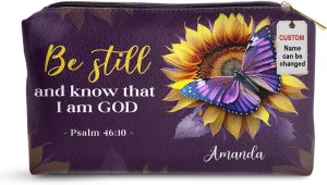 Leather Cosmetic Pouch For Women - Personalized Christian Makeup Bag - Sunflower Purple Pouch Gifts For Mother, Grandma, Sister - Inspirational Bible Accessories With Bible Scripture