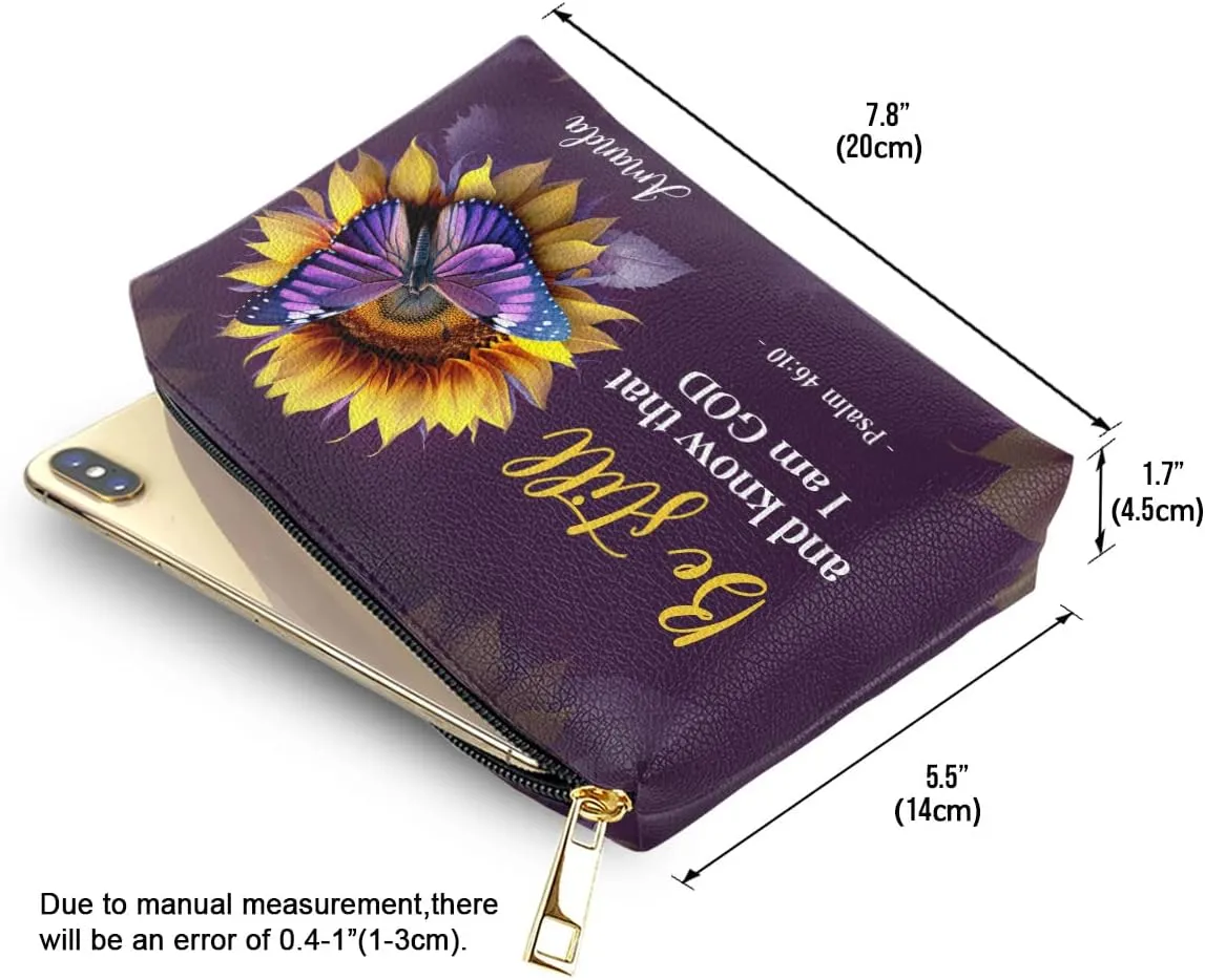 Leather Cosmetic Pouch For Women - Personalized Christian Makeup Bag - Sunflower Purple Pouch Gifts For Mother, Grandma, Sister - Inspirational Bible Accessories With Bible Scripture