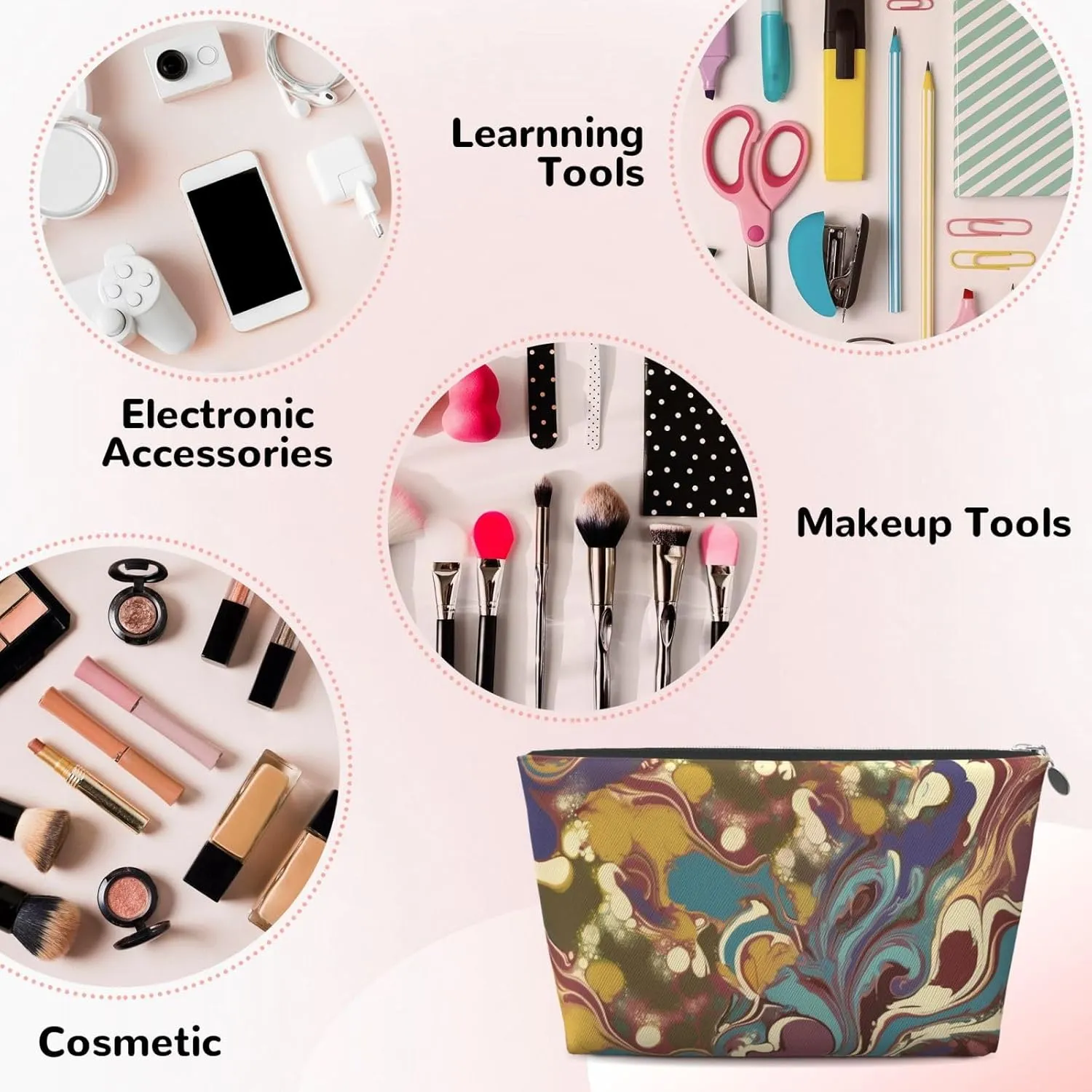 Leather Makeup Bag for Women Travel Toiletry Bag Romano Art Cosmetic Bag Large Makeup Pouch with Zipper