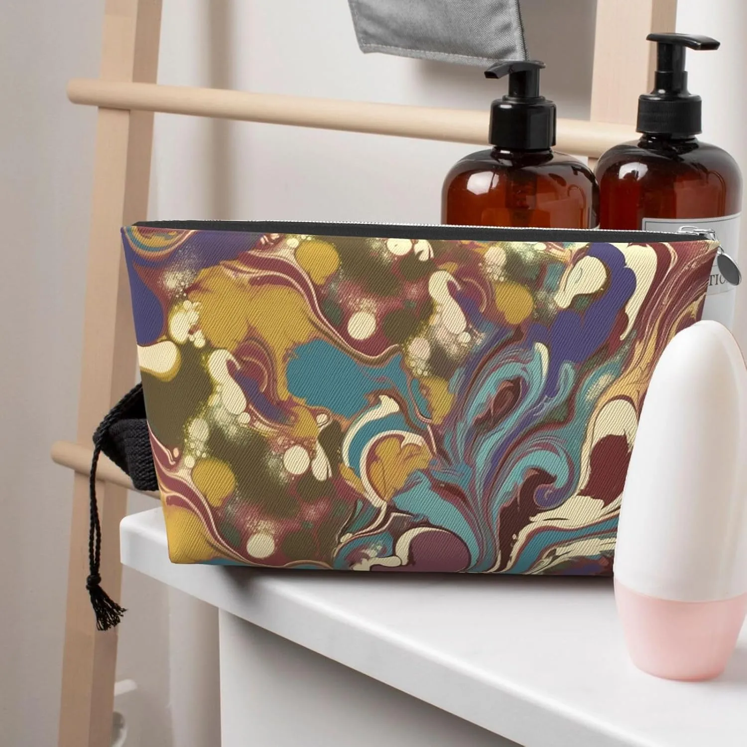 Leather Makeup Bag for Women Travel Toiletry Bag Romano Art Cosmetic Bag Large Makeup Pouch with Zipper